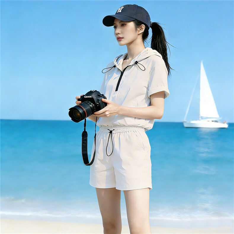 韩版时尚套装女夏季新款洋气减龄连帽半开拉链短袖上衣短裤两件套,女装套装/套裙,江南