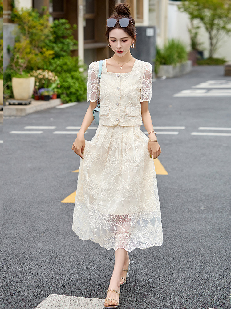 法式小香风蕾丝套装裙女2025夏季新款高级感时尚气质半身裙两件套,女装连衣裙,玖莱伊