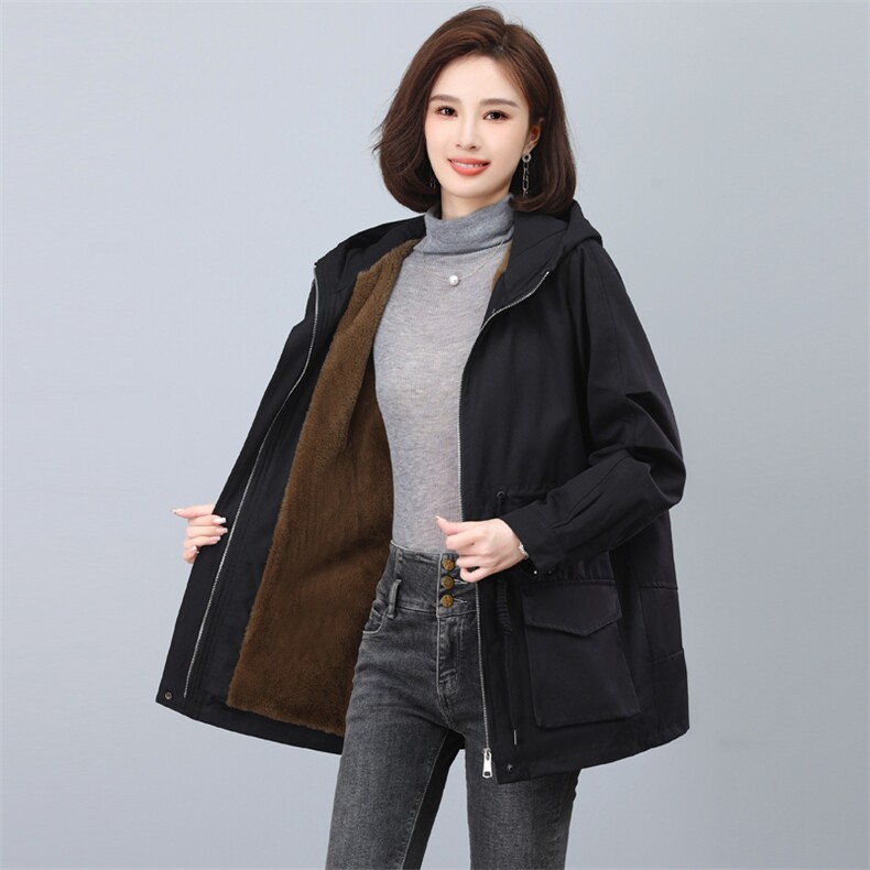 加绒派克服女秋冬2025新款时尚宽松抽绳收腰中年妈妈加厚保暖外套,女装派克服,天丽