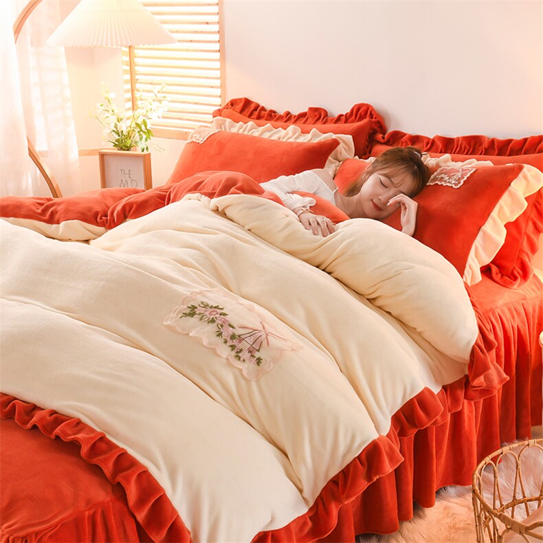 2023新款韩版小清新纯色双拼牛奶绒四件套（迷情系列）迷情-阳光橘,床品套件其他,睡美人