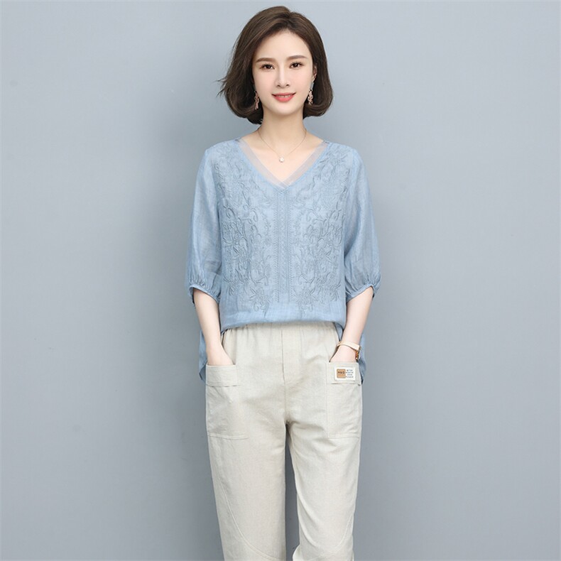 苎麻t恤女短袖2024夏季新款大码宽松中老年妈妈气质五分袖体恤衫,女装蕾丝衫/雪纺衫,独衣靓