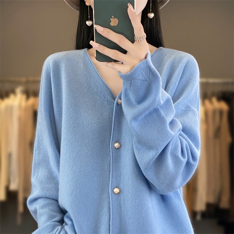100羊毛衫针织开衫女外套衫毛衣V领长袖上衣新款春季打底衫,女装羊毛衫,鲁菏羊绒
