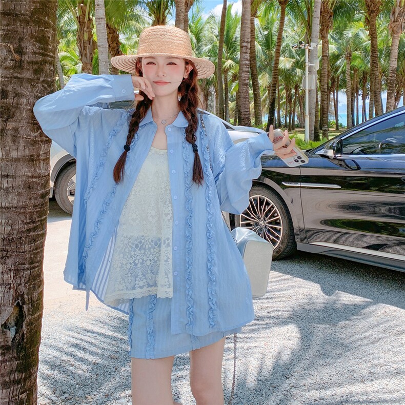 韩系设计感气质花边防晒衬衫短裙女装夏季新款时尚百搭一整套穿搭,女装防晒衣,2C058
