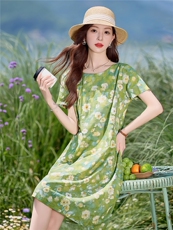 小清新绿色碎花棉麻连衣裙女2026夏季薄款宽松显瘦小个子休闲裙子，女装连衣裙，倪叶myz