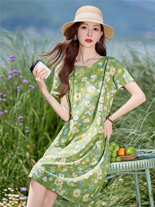 小清新绿色碎花棉麻连衣裙女2026夏季薄款宽松显瘦小个子休闲裙子图片