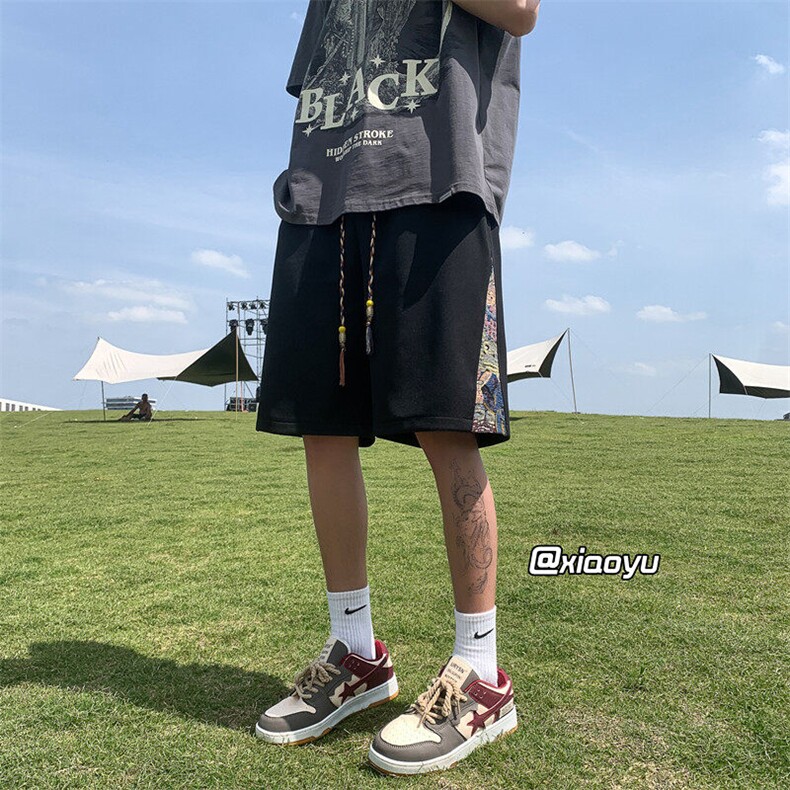 中国风短裤男夏季2024新款小熊潮牌休闲宽松五分中裤国潮拼接裤子,男装休闲裤,星座512A（原616）