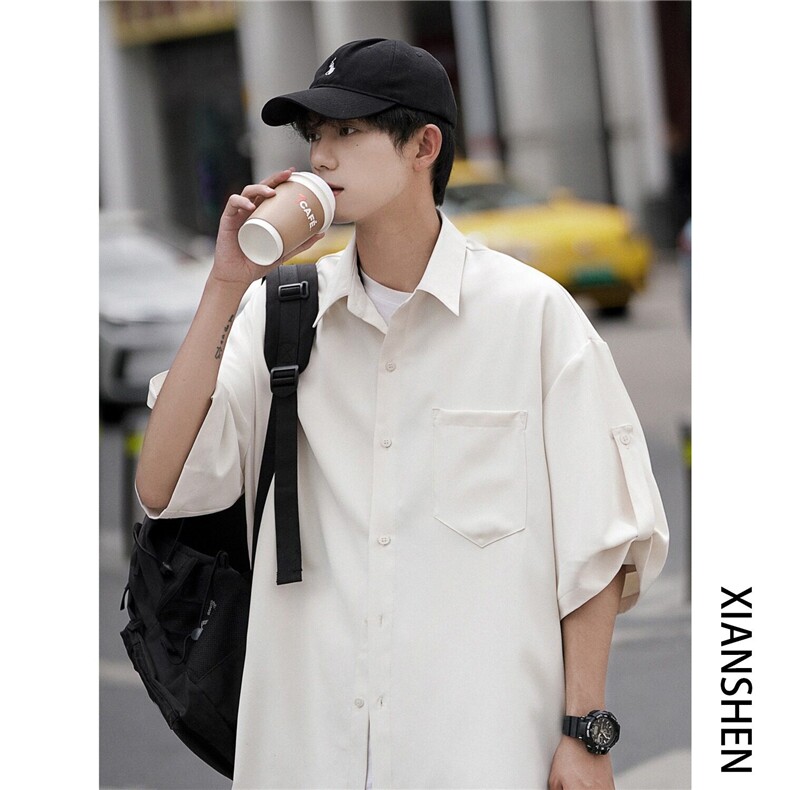 wassuphappy翻领白色短袖衬衫男夏季潮牌宽松半袖上衣服休闲外套,男装衬衫,星座218-1（原230）