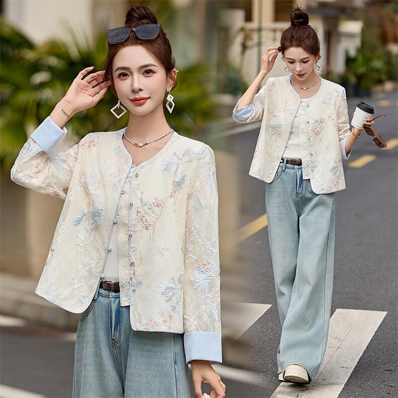 新中式国风刺绣蕾丝短外套女春秋季高级感洋气显瘦小个子气质上衣，女装短外套，布芭啦