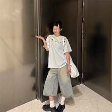 嘻哈美式高街花卉刺绣设计感短袖男女潮牌宽松重磅空气层情侣T恤，男装T恤，星座1210-1