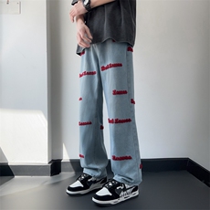 美式高街毛巾绣牛仔裤男女新款宽松阔腿直筒高腰长裤子N6505-p45，男装牛仔裤，星座1008