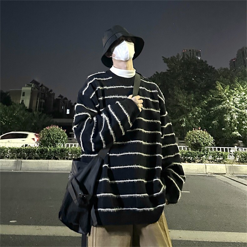 MY8822-P48美式条纹拼色宽松圆领毛衣,男装针织衫/毛衣,星座1501-1