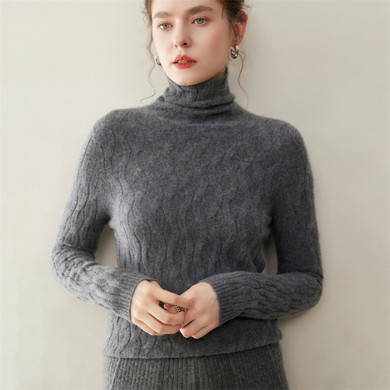 2025年秋季新款百搭女士一线绞花堆堆领长袖羊绒衫,女装羊绒衫,纳丰羊绒