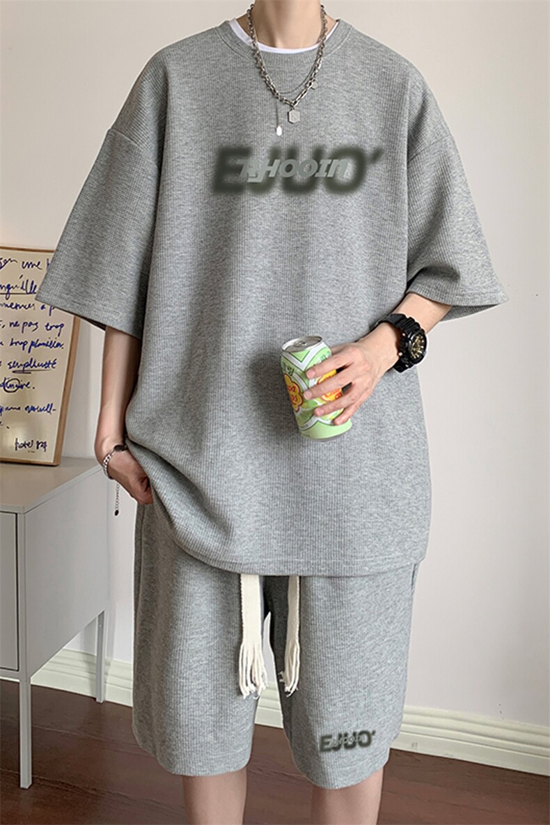 套装！华夫格套装男T恤短裤两件套大码港风TZ120-P50,男装休闲套装,电商B367