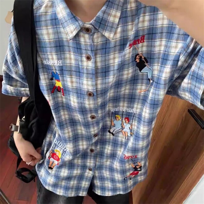 美式复古格子短袖衬衫女刺绣小众设计感上衣夏季学院风衬衣外套图片