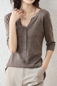 2025春季新款五分袖打底衫薄款中袖毛衣V领针织衫宽松配西装内搭图片