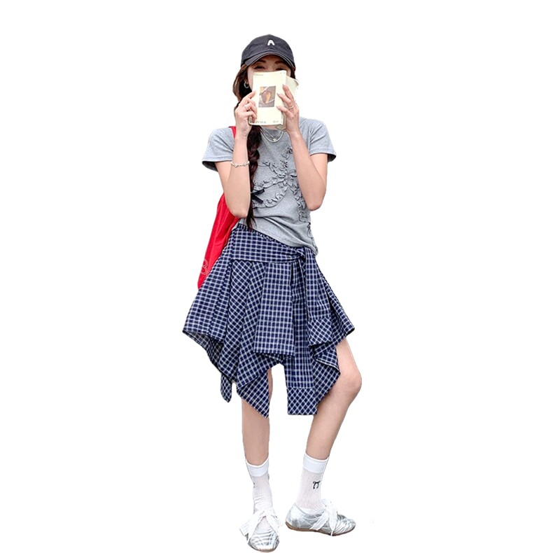 俏皮减龄休闲短袖T恤套装裙女夏新款显瘦学院风格子半身裙两件套,女装半身裙,2D014