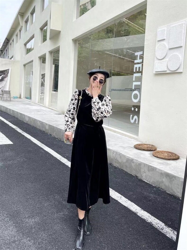 磨毛印花拼接丝绒裙，其它，Balance Studio