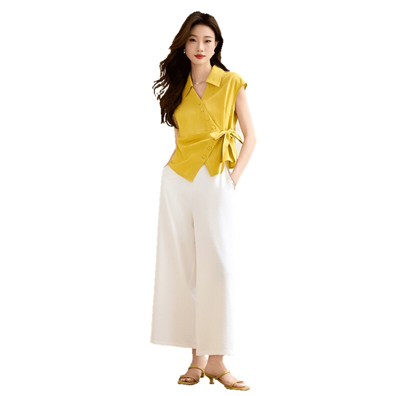 轻熟风时尚套装女2025夏新款设计感绑带收腰衬衫阔腿九分裤两件套,女装套装/套裙,宝儿家