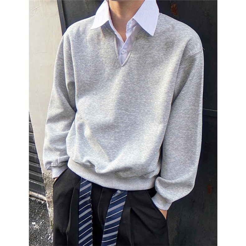 条纹衬衫领假两件卫衣男款高级感V领Polo衫秋季学院风外套W208,男装Polo衫,星座1116A（原606A-3）