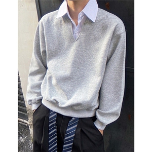 条纹衬衫领假两件卫衣男款高级感V领Polo衫秋季学院风外套 W208图片