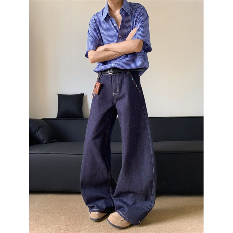 深蓝色复古牛仔裤男cleanfit宽松垂感阔腿长裤N711-P55，男装牛仔裤，星座308B-2
