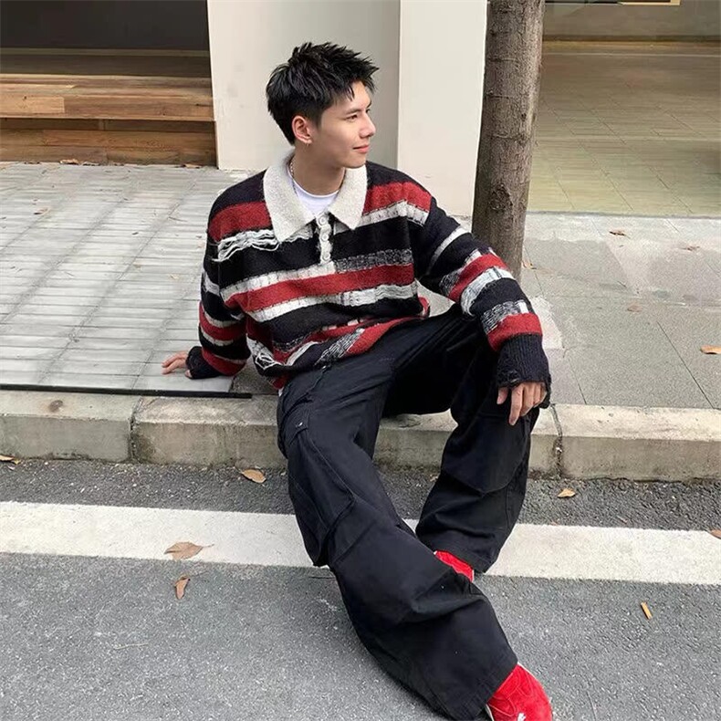 秋冬美式复古慵懒条纹做旧磨烂流苏针织衫翻领毛衣,男装针织衫/毛衣,星座716-2