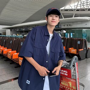 工装衬衫男港风潮短袖帅气2022夏季新款ins宽松百搭外套W2929-P32图片