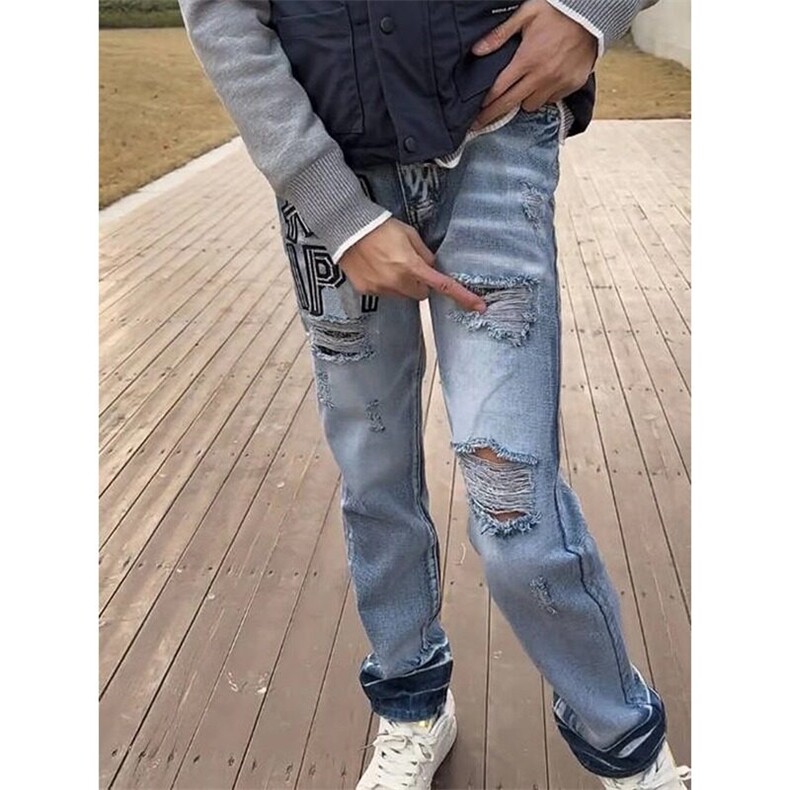 2025新款蓝色破洞牛仔裤,男装牛仔裤,星座506A
