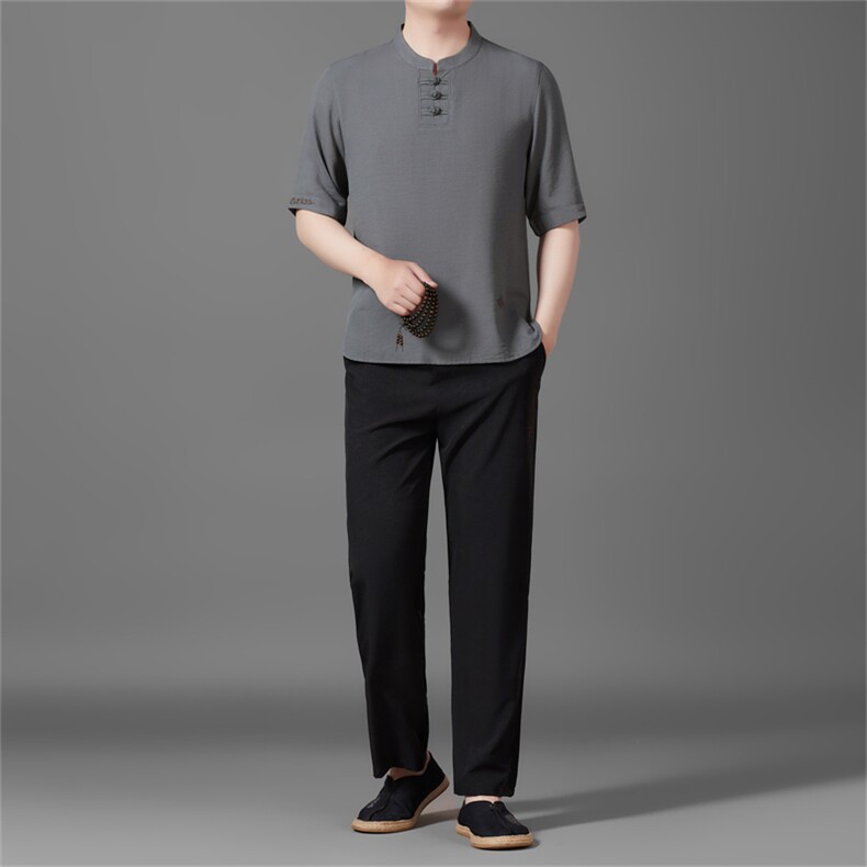 2025夏季亚麻绣花大码风男士透气棉麻盘扣长裤套装MJ5105T-P105,男装休闲套装,星座1105-3