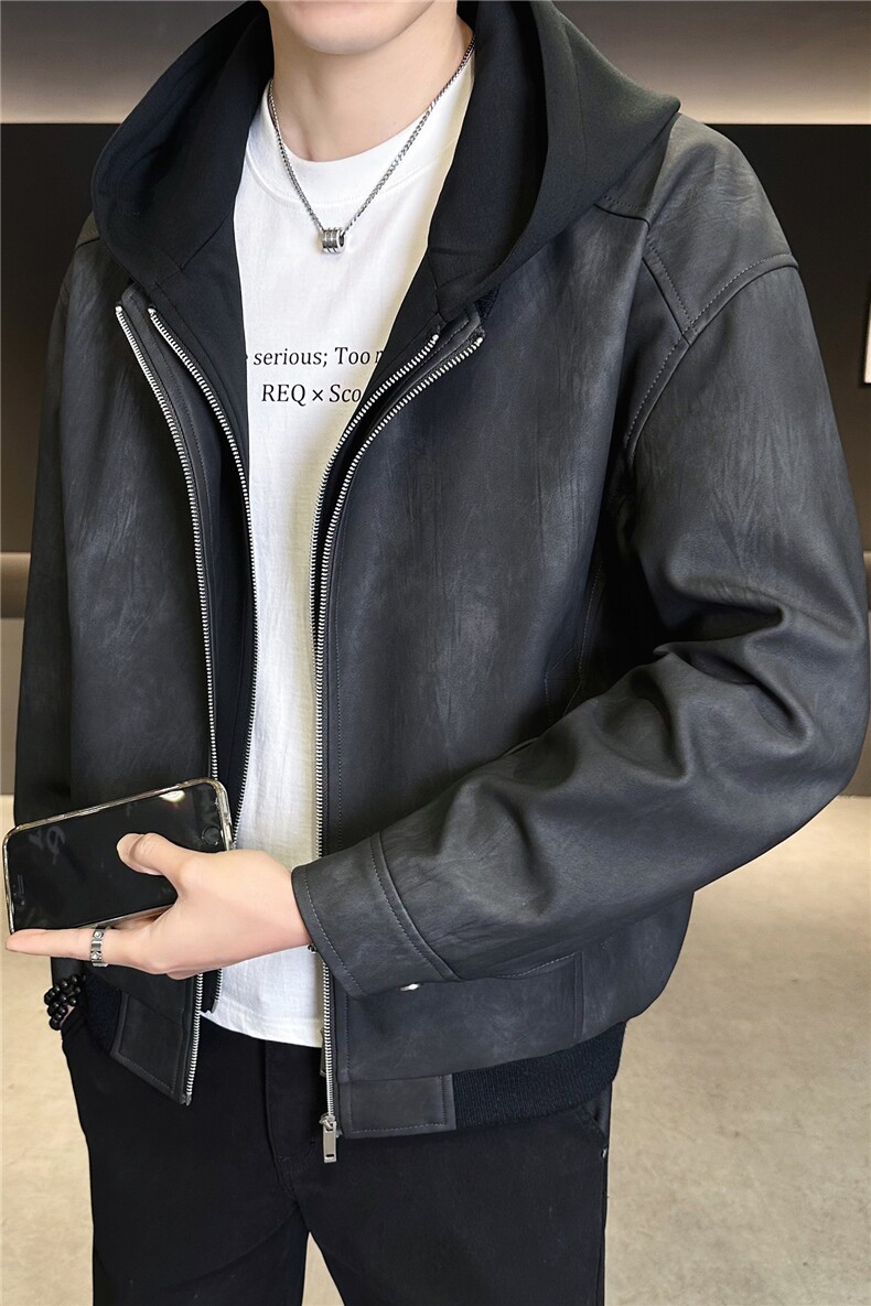 假两件连帽男装皮衣外套春季夹克C317-1188-P185,男装夹克,电商C317