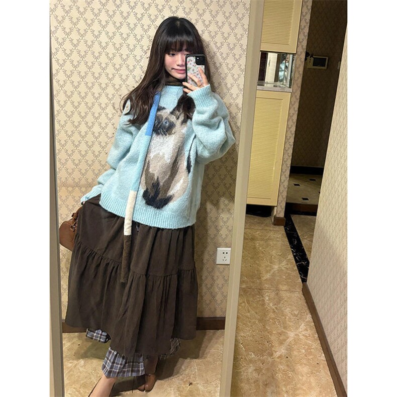 韩系甜美风可爱猫咪提花圆领套头毛衣冬季宽松显瘦针织衫,男装针织衫/毛衣,星座506A