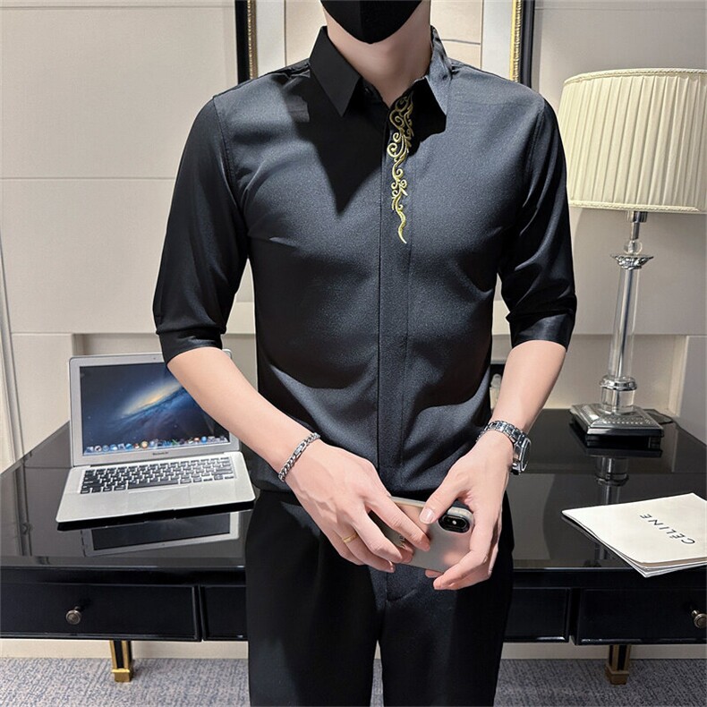 白夏季男士刺绣七分袖衬衫男痞帅店主风衬衣301A-1/CS330/P55,男装衬衫,星座301A-1