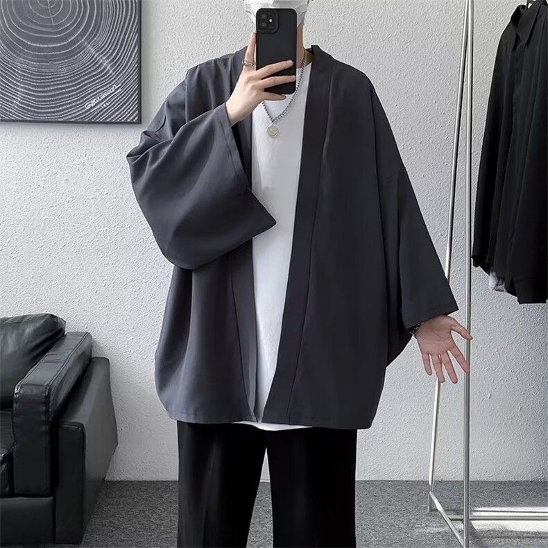 夏季七分袖衬衫男女百搭韩版宽松潮牌薄款休闲落肩披风和服外套,男装衬衫,星座601-2