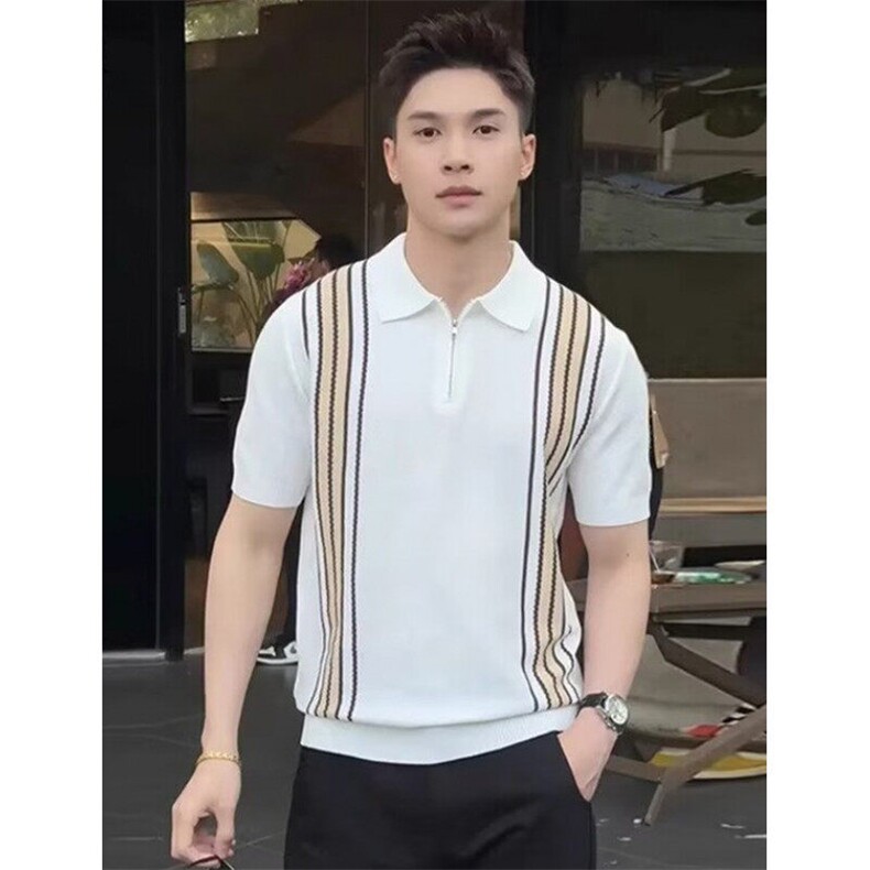 夏季冰爽半拉链短袖Polo衫男士菠萝格提花条纹翻领针织T恤TB299,男装T恤,星座1116A（原606A-3）