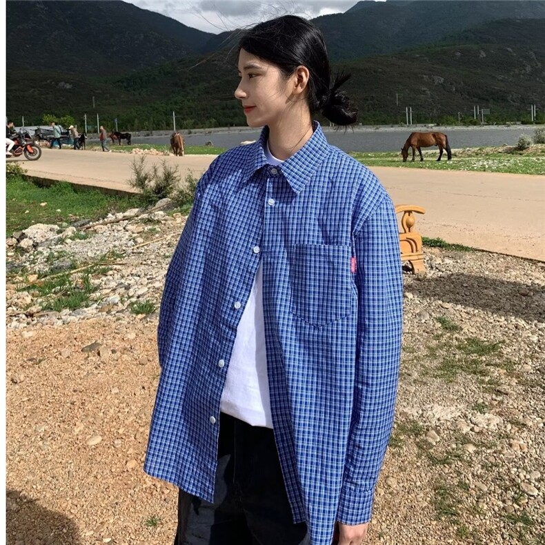 XZ286-P34美式复古蓝色格子长袖衬衫男女春秋潮牌高级感休闲宽松,男装T恤,电商B323A