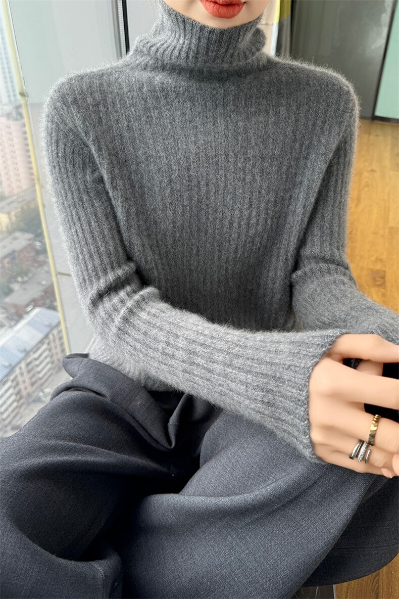 羊毛衫女堆堆领毛衣加厚宽松慵懒坑条高领针织打底内搭,女装羊毛衫,美轩羊绒