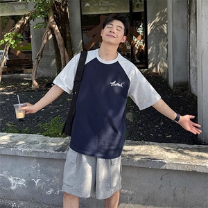 抖音得物高品质二开240克宽松纯棉美式潮牌插肩袖拼接短袖T恤图片