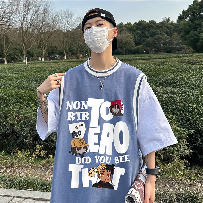 ！港风 23夏季新款卡通印花假两件背心短袖T恤T6615 P40控58图片