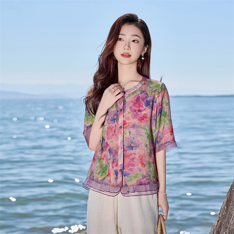 2026年春季女短袖宽松亲肤透气常规苎麻，女装衬衫，江南依恋