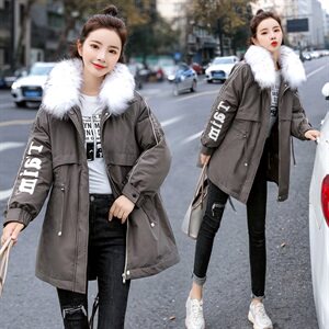 2020年冬季加厚带毛领拉链抽绳收腰显瘦休闲派克服棉衣棉服图片