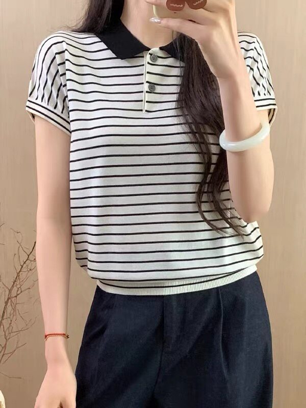 天丝莱赛尔条纹拼色PO领,女装T恤,晨旭羊绒