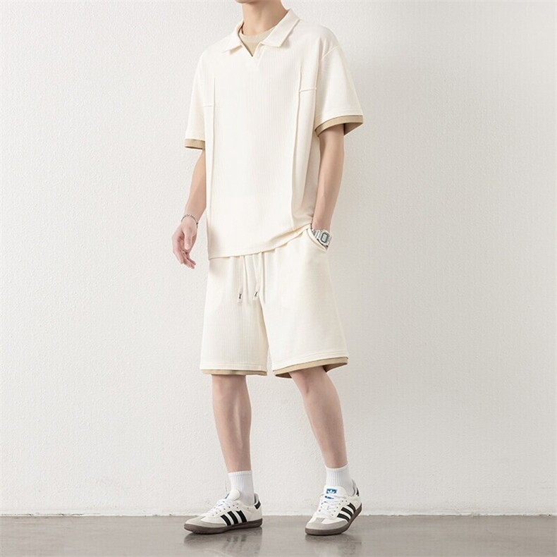 纯色二开TZ25318-特P60短袖T恤短裤青少年休闲运动套装POLO衫,男装Polo衫,电商D310B-1