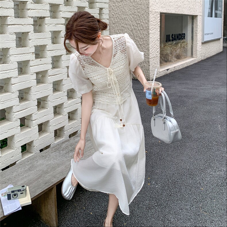 温柔风气质一整套穿搭女2026夏新款蕾丝钩花泡泡袖上衣吊带裙套装,女装套装/套裙,霓裳依族