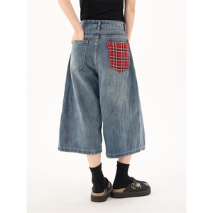 2378-P50 美式复古格子拼接牛仔短裤女夏高腰宽松显瘦百搭图片