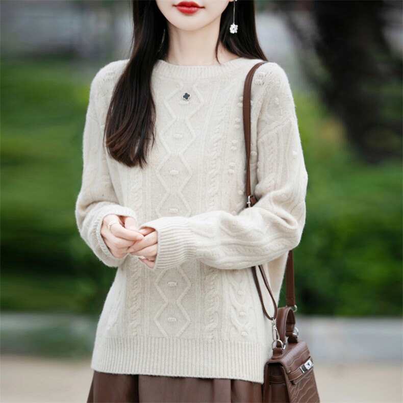 100%纯羊毛衫女加厚圆领菱形绞花针织毛衣宽松慵懒羊绒衫打底上衣，女装羊毛衫，邦太羊绒