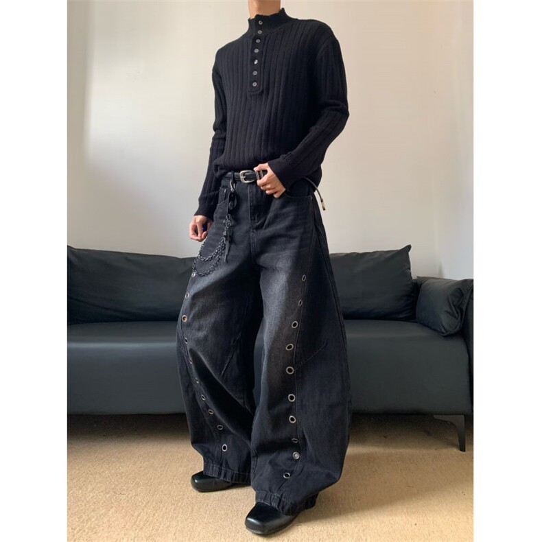 美式解构扣眼弯刀裤牛仔裤男女垂感休闲宽松阔腿拖地裤潮,男装牛仔裤,四季星座505