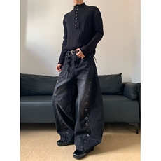 美式解构扣眼弯刀裤牛仔裤男女垂感休闲宽松阔腿拖地裤潮，男装牛仔裤，四季星座505