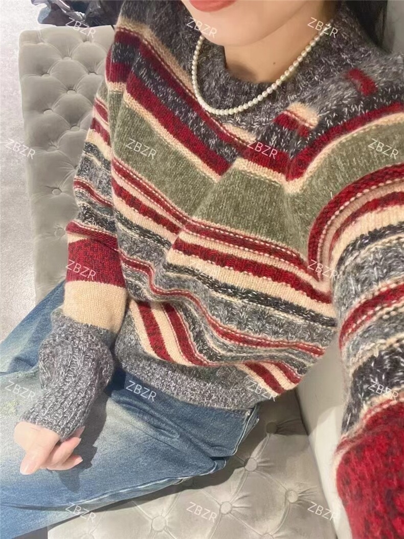 HE|色彩如阳拼色加厚baby山羊绒衫女圆领宽松针织衫慵懒风毛衣,针织衫/毛衣,国旺羊绒