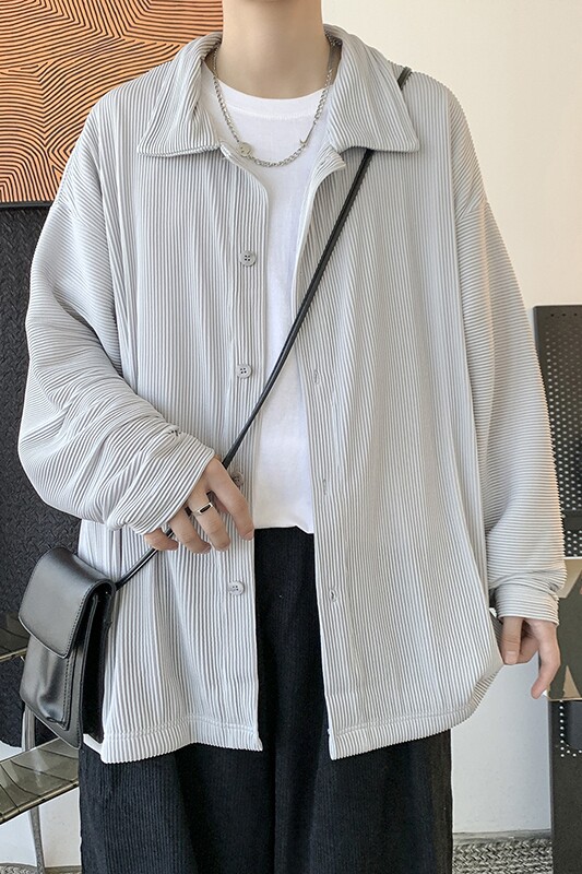 秋装中性港风褶皱纯色宽松长袖衬衫日系男女薄款外套潮H208/P55,男装衬衫,钱塘713