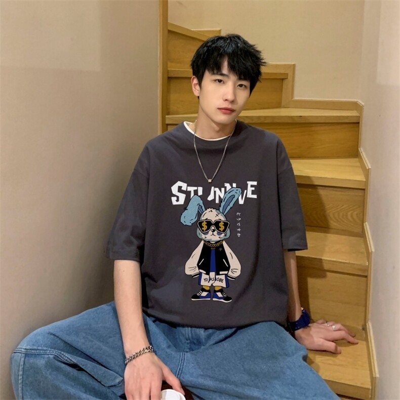 T6646P252023印花宽松短袖t恤港仔百搭男圆领印花T恤湖绿,男装T恤,星座510A-3